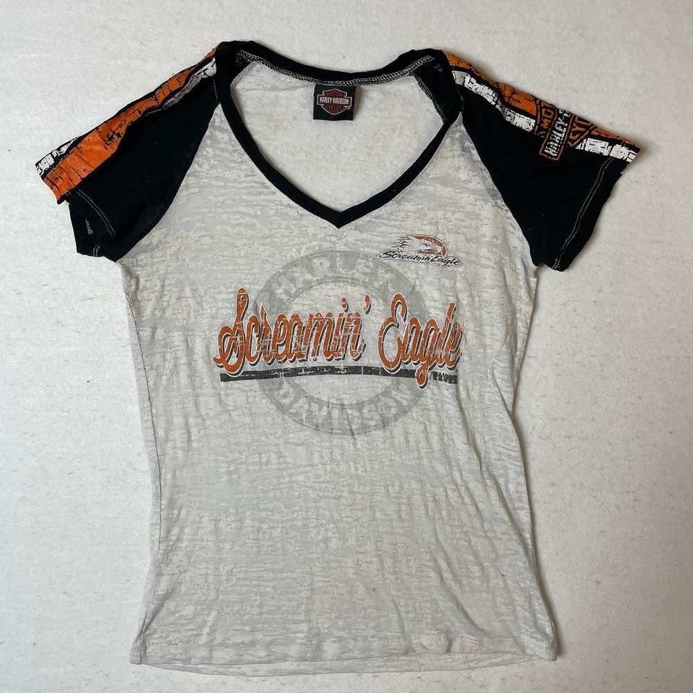 Harley Davidson‎ Screamin Eagle V Neck Raglan T Shirt Women's Medium